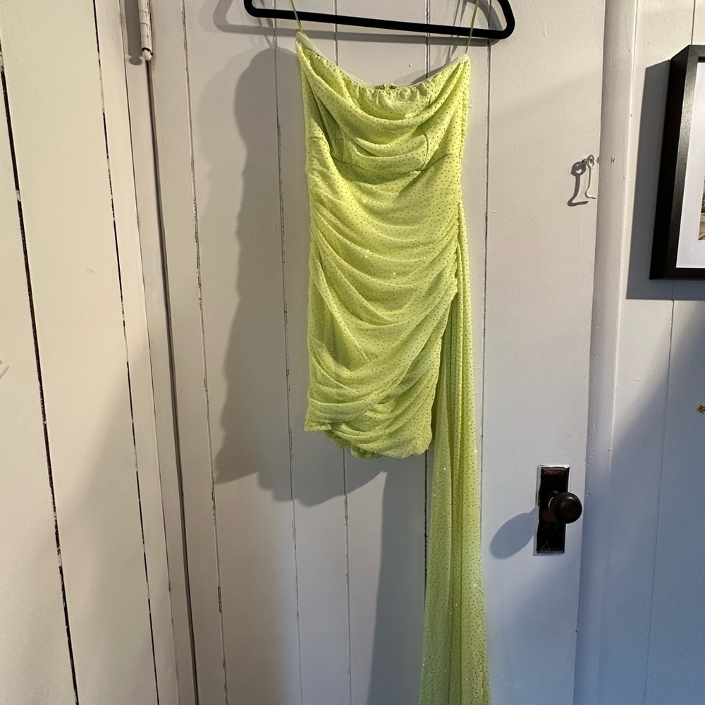 AKIRA Silver Rhinestone Lime Green Draped Dress